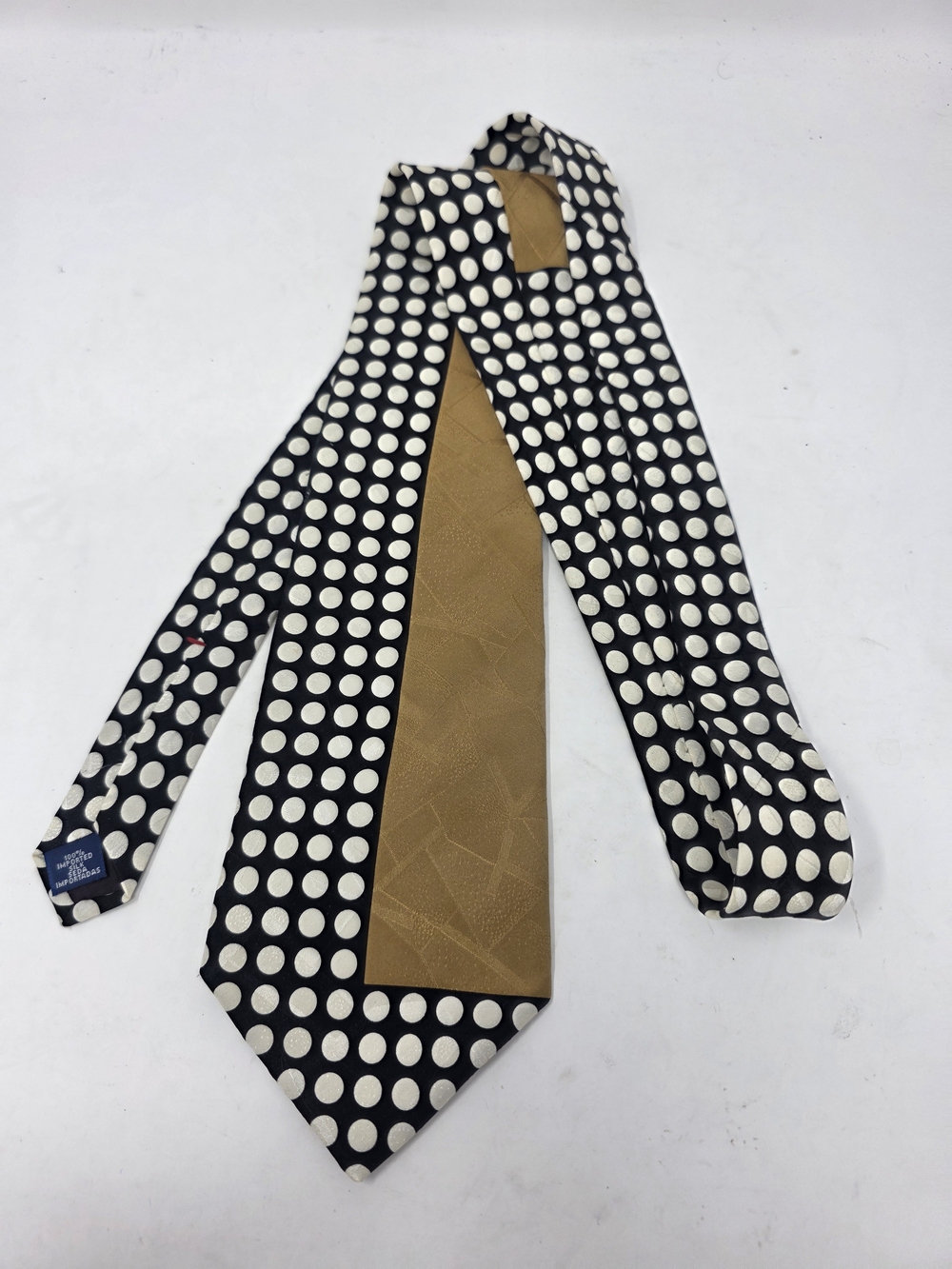 BUGATTI Mens Silk Tie Black White Polka Dot Gold Geometric Inset Necktie